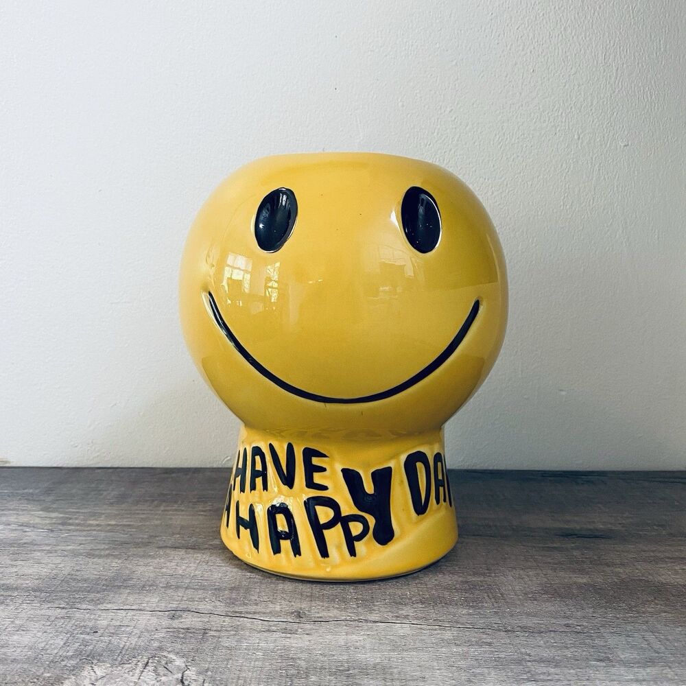 Vintage McCoy Smiley Face Have Nice Day Yellow Ceramic Cookie Jar Missing Lid